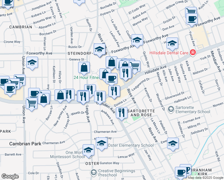 map of restaurants, bars, coffee shops, grocery stores, and more near 1815 Hillsdale Avenue in San Jose