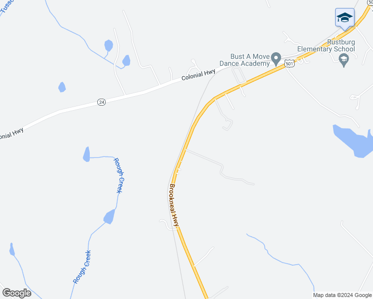map of restaurants, bars, coffee shops, grocery stores, and more near 680 Brookneal Highway in Rustburg