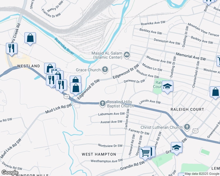 map of restaurants, bars, coffee shops, grocery stores, and more near 2724 Derwent Drive Southwest in Roanoke