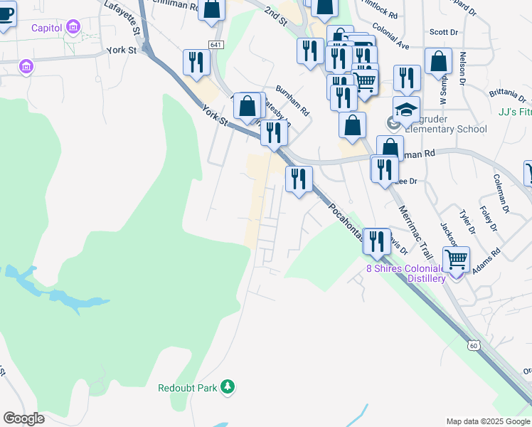 map of restaurants, bars, coffee shops, grocery stores, and more near 239 State Route 637 in Williamsburg