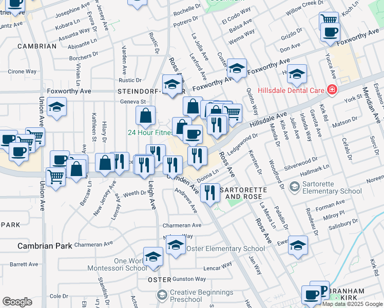 map of restaurants, bars, coffee shops, grocery stores, and more near 1815 Hillsdale Avenue in San Jose