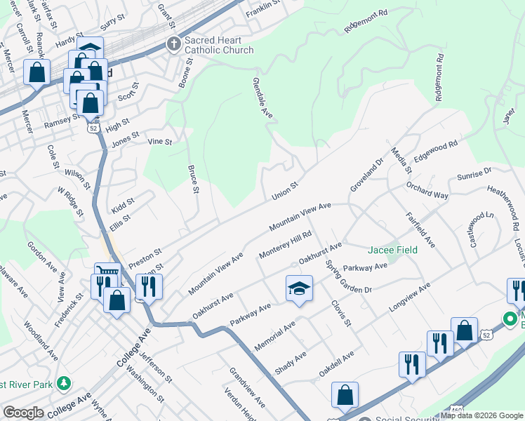 map of restaurants, bars, coffee shops, grocery stores, and more near 454 Union Street in Bluefield