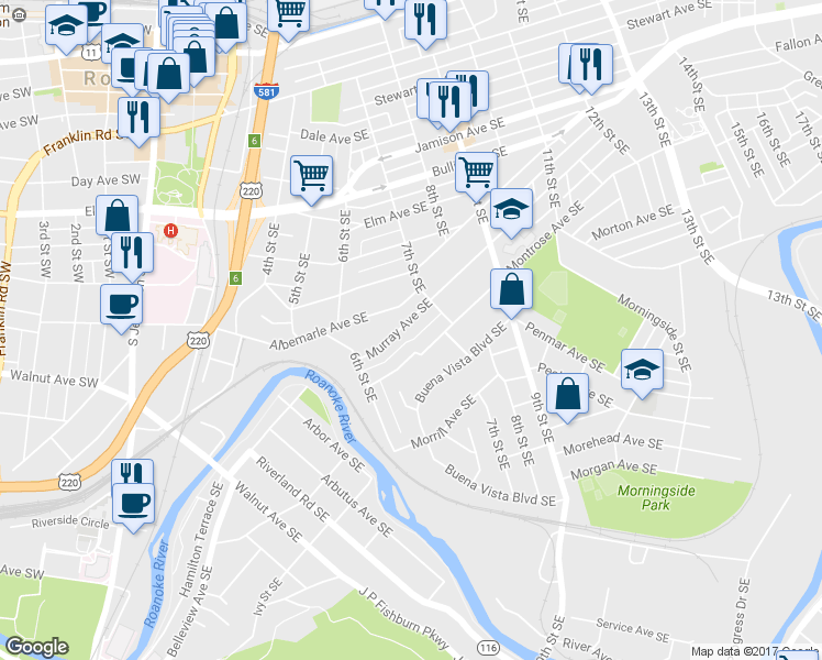 map of restaurants, bars, coffee shops, grocery stores, and more near 655 Murray Avenue Southeast in Roanoke