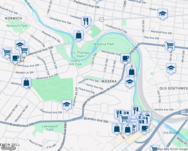 map of restaurants, bars, coffee shops, grocery stores, and more near 1127 Valley Avenue Southwest in Roanoke
