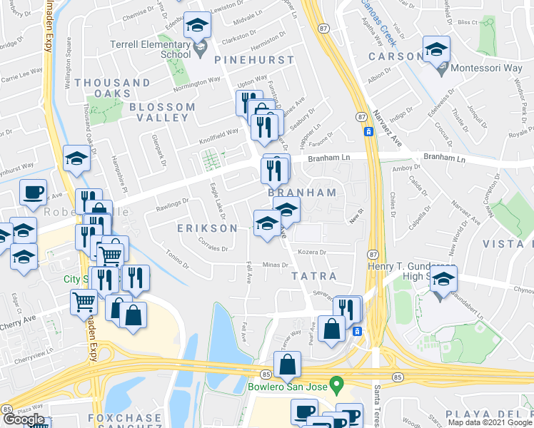 map of restaurants, bars, coffee shops, grocery stores, and more near 4796 Corte De Avellano in San Jose
