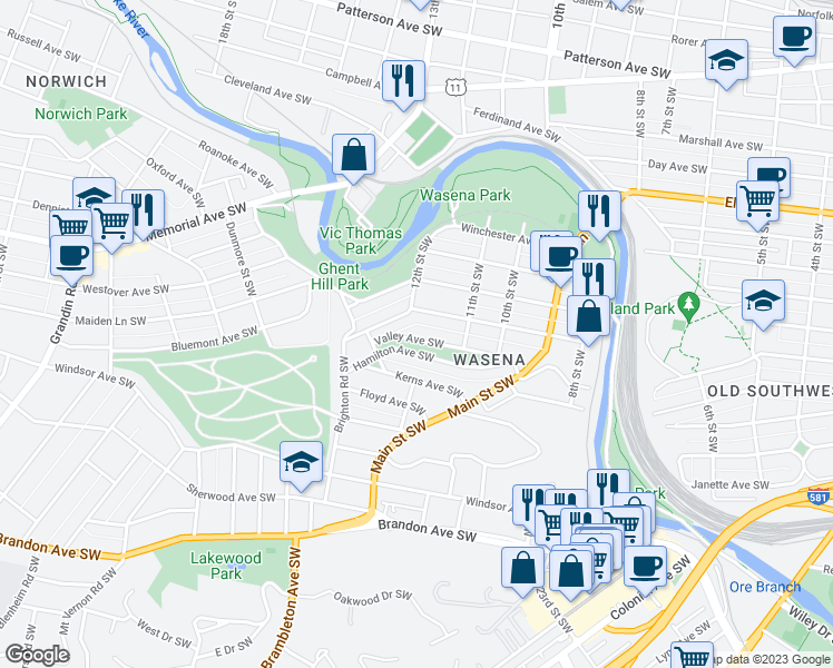 map of restaurants, bars, coffee shops, grocery stores, and more near 1141 Valley Avenue Southwest in Roanoke
