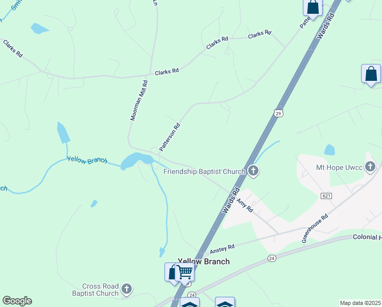 map of restaurants, bars, coffee shops, grocery stores, and more near 1058 Patterson Road in Rustburg