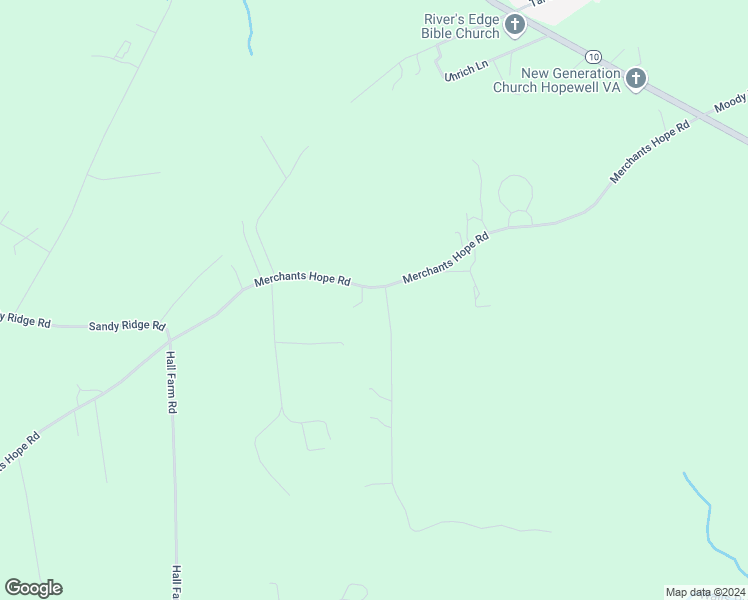 map of restaurants, bars, coffee shops, grocery stores, and more near 11001 Merchants Hope Road in Hopewell