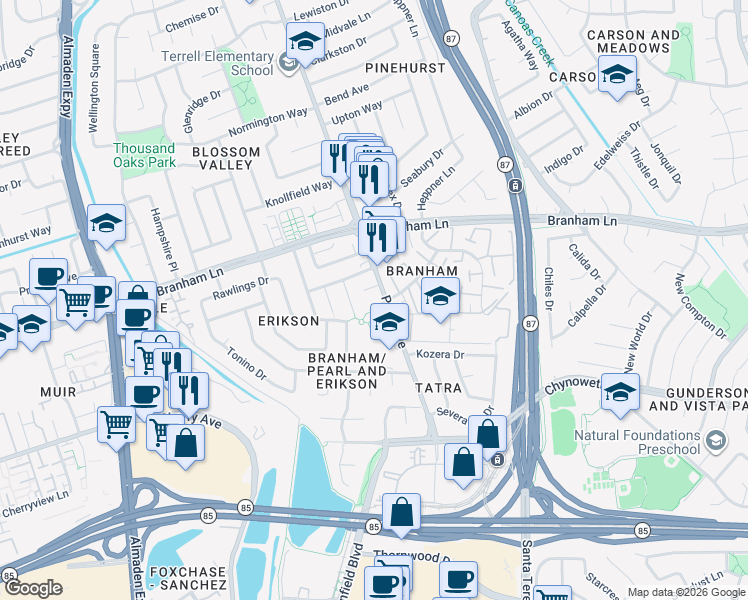 map of restaurants, bars, coffee shops, grocery stores, and more near 4796 Corte De Avellano in San Jose