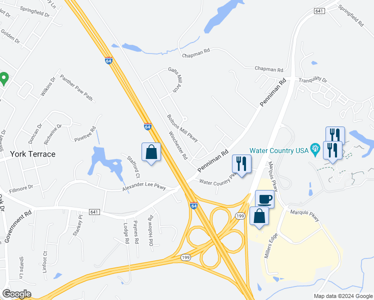 map of restaurants, bars, coffee shops, grocery stores, and more near 514 Clement's Mill Trace in Williamsburg