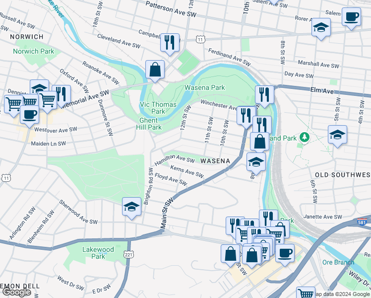 map of restaurants, bars, coffee shops, grocery stores, and more near 1127 Valley Avenue Southwest in Roanoke