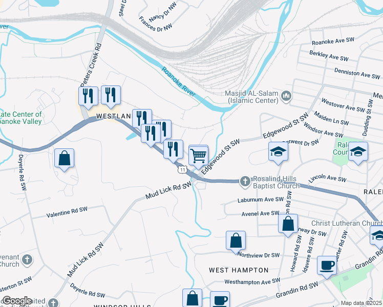 map of restaurants, bars, coffee shops, grocery stores, and more near 3233 Old Salem Road Southwest in Roanoke
