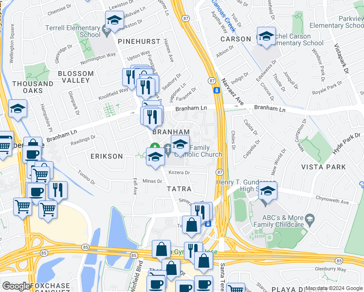map of restaurants, bars, coffee shops, grocery stores, and more near 4744 Canyon River Court in San Jose