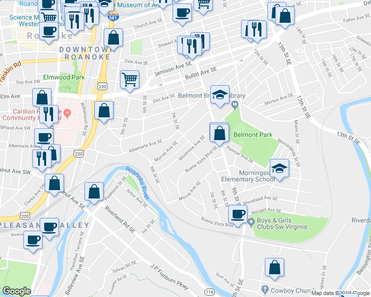 map of restaurants, bars, coffee shops, grocery stores, and more near 678 Montrose Avenue Southeast in Roanoke