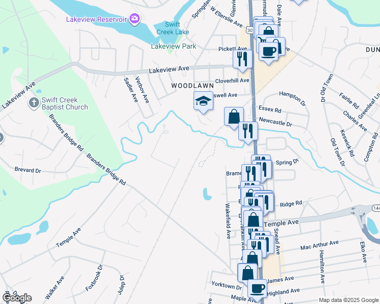map of restaurants, bars, coffee shops, grocery stores, and more near 18805 Weldon Street in Colonial Heights