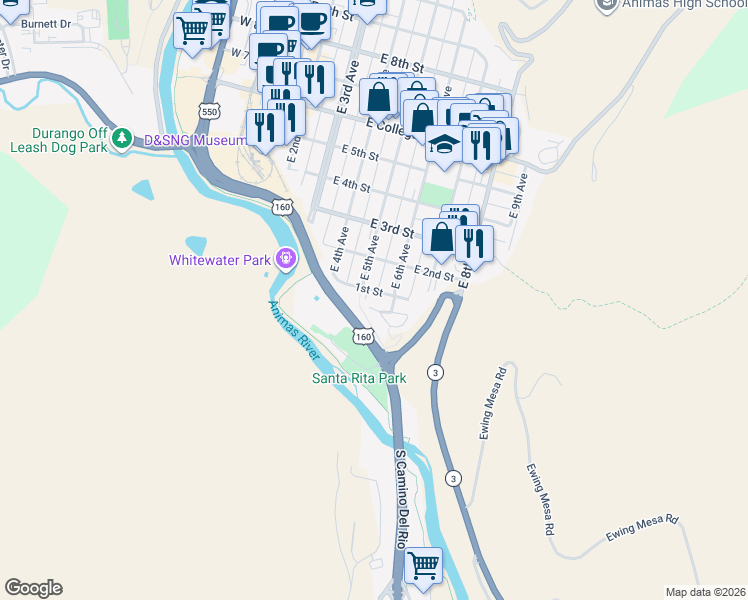 map of restaurants, bars, coffee shops, grocery stores, and more near 566 East 1st Street in Durango