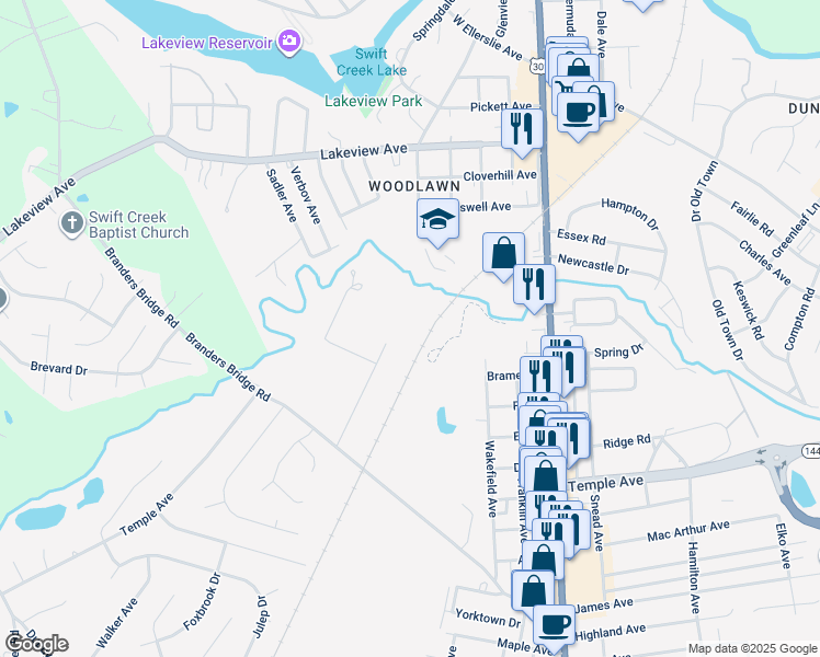 map of restaurants, bars, coffee shops, grocery stores, and more near 18805 Weldon Street in Colonial Heights