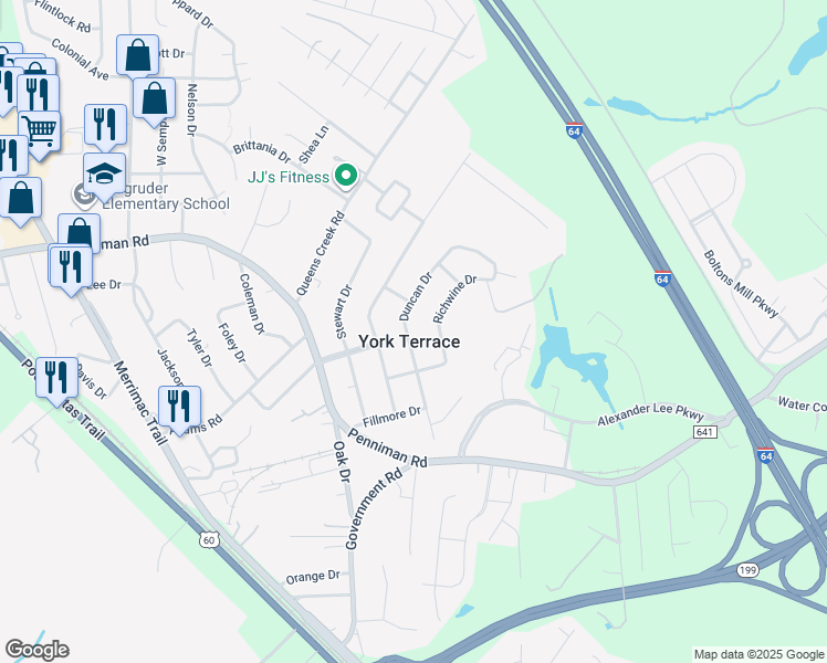 map of restaurants, bars, coffee shops, grocery stores, and more near 1188 Duncan Drive in Williamsburg