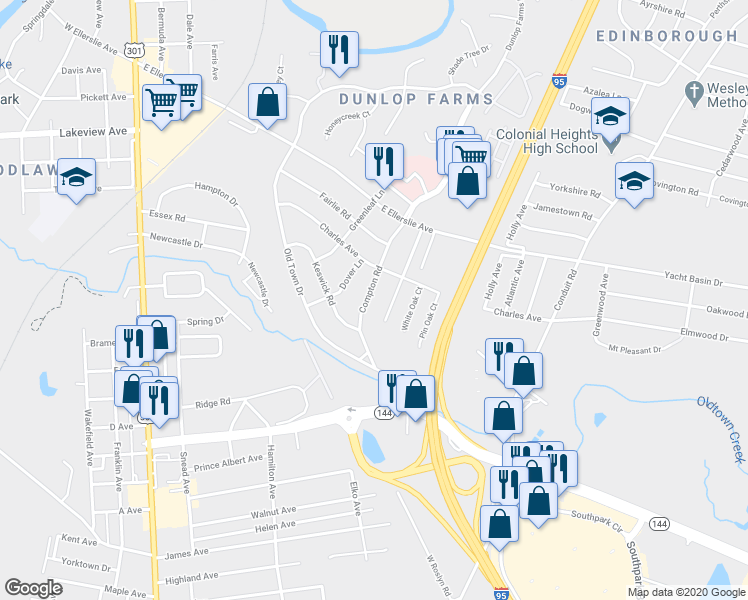 map of restaurants, bars, coffee shops, grocery stores, and more near 610 Compton Road in Colonial Heights