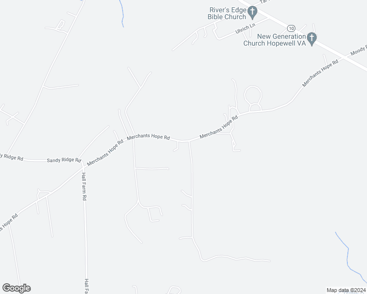 map of restaurants, bars, coffee shops, grocery stores, and more near 11001 Merchants Hope Road in Hopewell