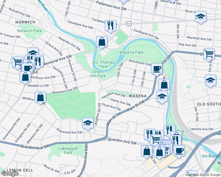 map of restaurants, bars, coffee shops, grocery stores, and more near 1211 Valley Avenue Southwest in Roanoke