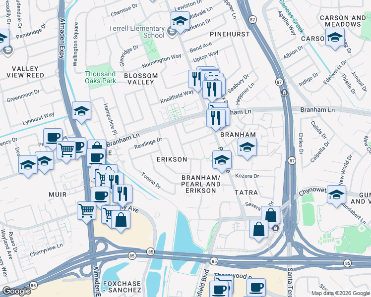 map of restaurants, bars, coffee shops, grocery stores, and more near 4777 Corte De Cervato in San Jose
