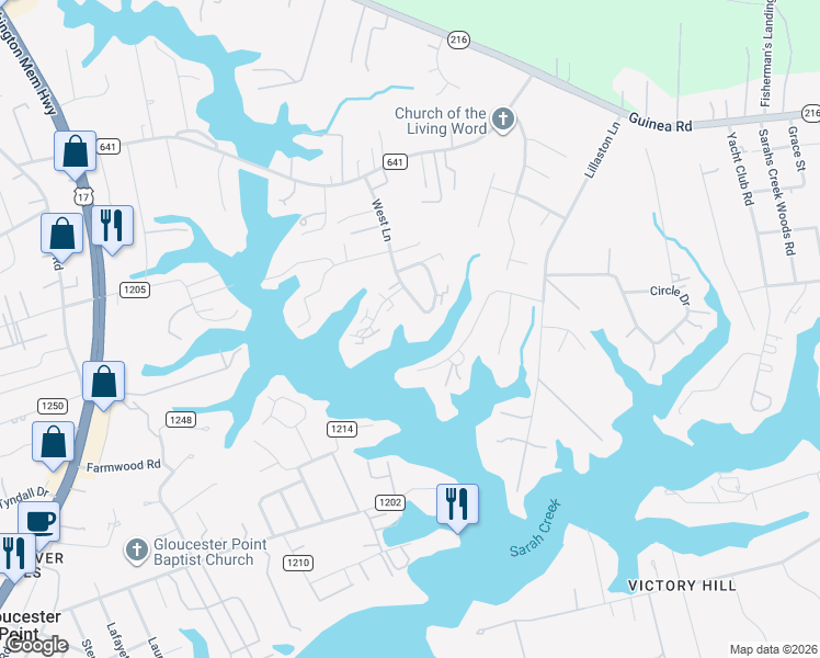 map of restaurants, bars, coffee shops, grocery stores, and more near 1882 Dockside Drive in Gloucester Point