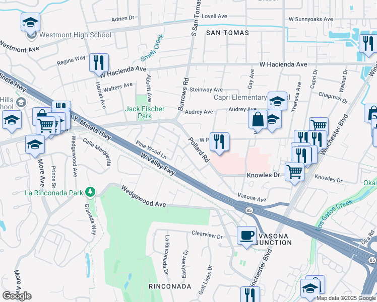 map of restaurants, bars, coffee shops, grocery stores, and more near 935 Castlewood Drive in Los Gatos