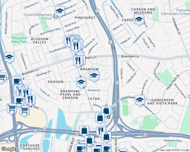 map of restaurants, bars, coffee shops, grocery stores, and more near 4744 Canyon River Court in San Jose