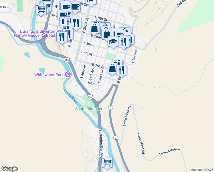 map of restaurants, bars, coffee shops, grocery stores, and more near 702 E 1st St in Durango
