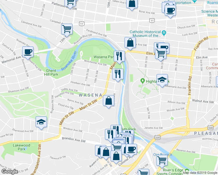 map of restaurants, bars, coffee shops, grocery stores, and more near 833 Howbert Avenue Southwest in Roanoke