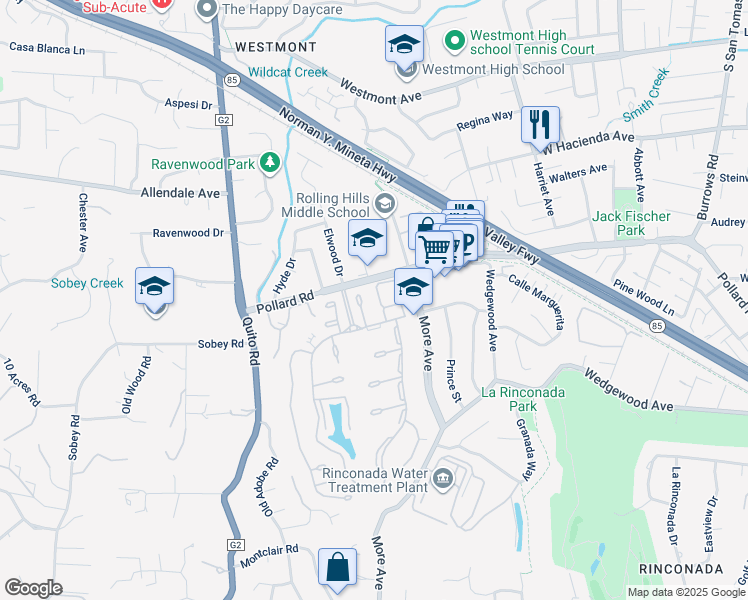 map of restaurants, bars, coffee shops, grocery stores, and more near 150 Calle Larga in Los Gatos