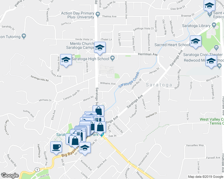 map of restaurants, bars, coffee shops, grocery stores, and more near 14110 Alta Vista Avenue in Saratoga