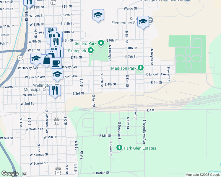 map of restaurants, bars, coffee shops, grocery stores, and more near 319 South Cherry Street in Wellington
