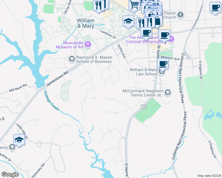 map of restaurants, bars, coffee shops, grocery stores, and more near 149 Hunting Cove in Williamsburg