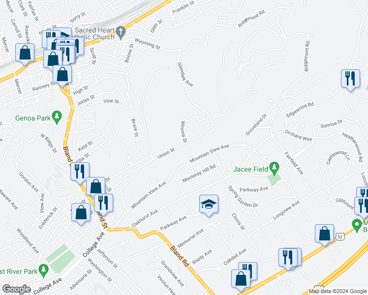 map of restaurants, bars, coffee shops, grocery stores, and more near 454 Union Street in Bluefield