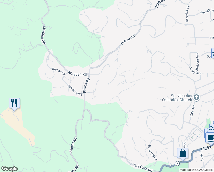 map of restaurants, bars, coffee shops, grocery stores, and more near 13983 Pike Road in Saratoga