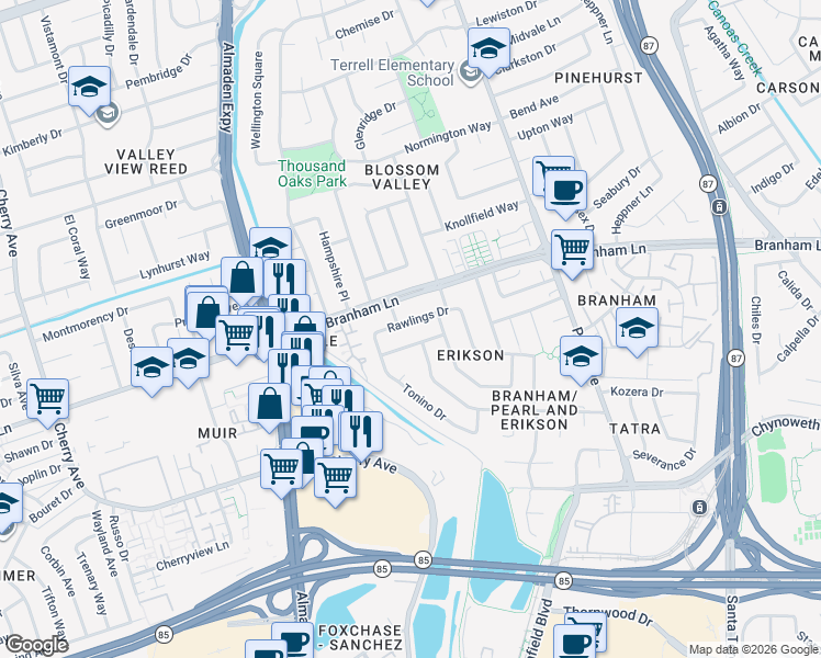 map of restaurants, bars, coffee shops, grocery stores, and more near 1014 Rawlings Drive in San Jose