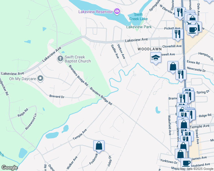 map of restaurants, bars, coffee shops, grocery stores, and more near 18811 Branders Bridge Rd in Colonial Heights