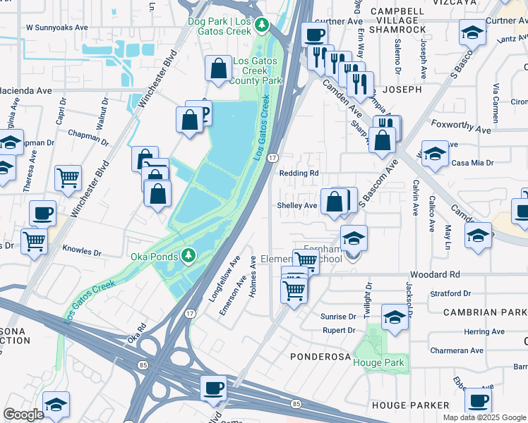 map of restaurants, bars, coffee shops, grocery stores, and more near 1727 Pope Court in Campbell