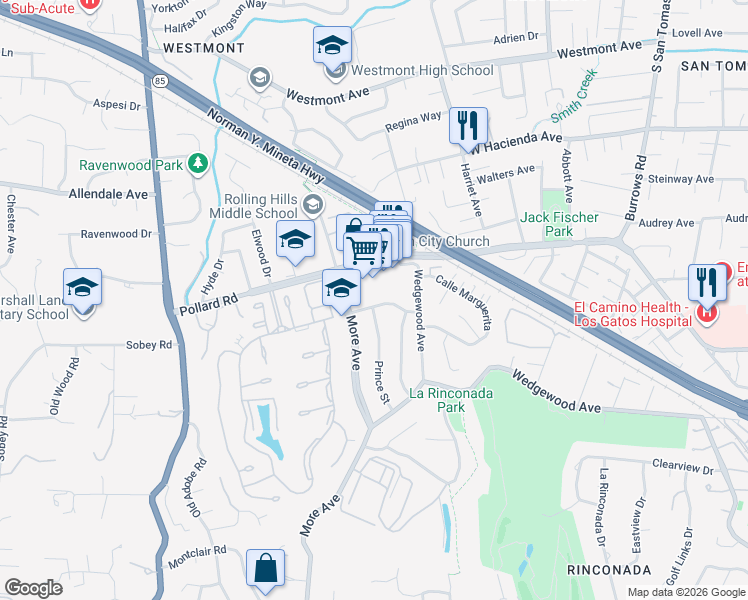 map of restaurants, bars, coffee shops, grocery stores, and more near 515 Newville Drive in Los Gatos