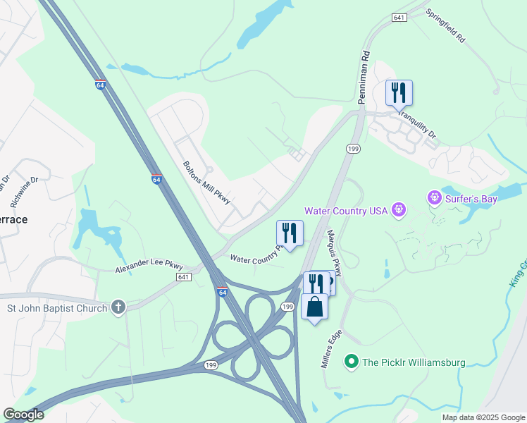 map of restaurants, bars, coffee shops, grocery stores, and more near 115 Clement's Mill Trace in Williamsburg