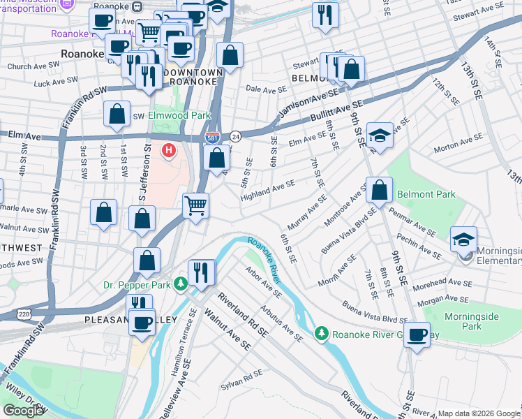 map of restaurants, bars, coffee shops, grocery stores, and more near 1108 6th Street Southeast in Roanoke