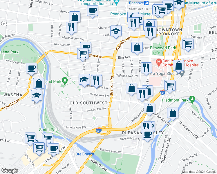 map of restaurants, bars, coffee shops, grocery stores, and more near 1201 Franklin Road in Roanoke