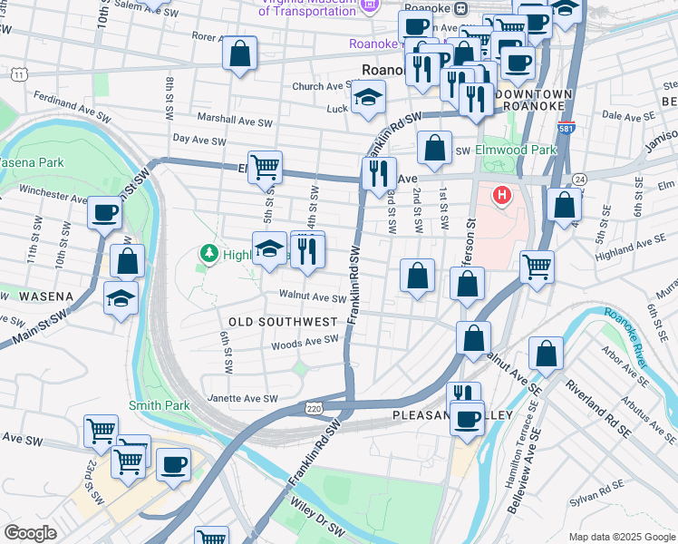 map of restaurants, bars, coffee shops, grocery stores, and more near 1201 Franklin Road in Roanoke