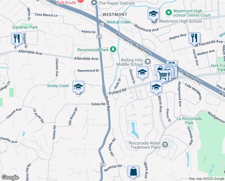 map of restaurants, bars, coffee shops, grocery stores, and more near 1701 Hyde Drive in Los Gatos
