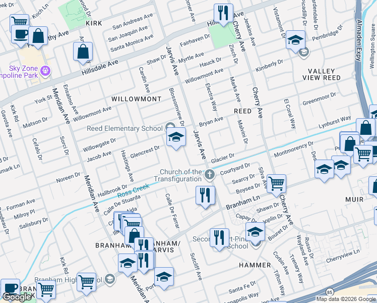 map of restaurants, bars, coffee shops, grocery stores, and more near 1477 Glacier Drive in San Jose
