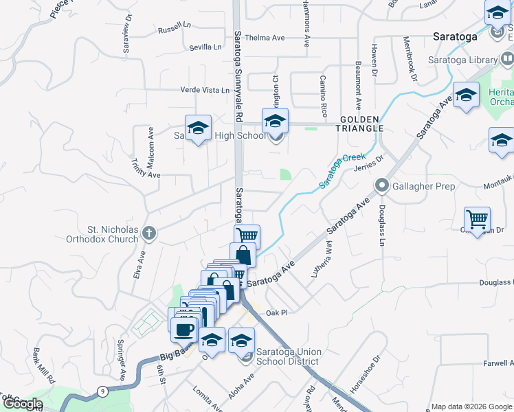 map of restaurants, bars, coffee shops, grocery stores, and more near 14158 Victor Place in Saratoga