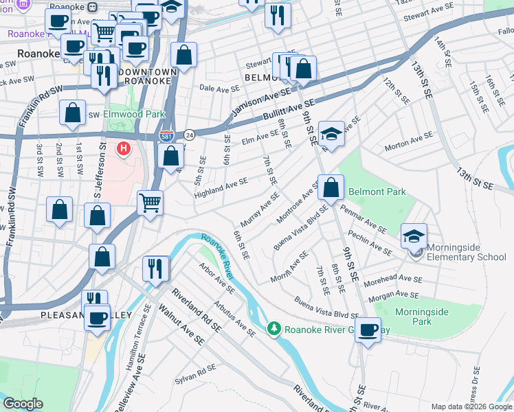 map of restaurants, bars, coffee shops, grocery stores, and more near 622 Murray Avenue Southeast in Roanoke