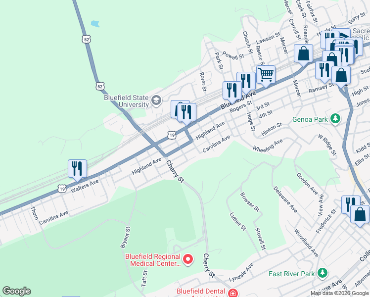 map of restaurants, bars, coffee shops, grocery stores, and more near 217 Pine Street in Bluefield